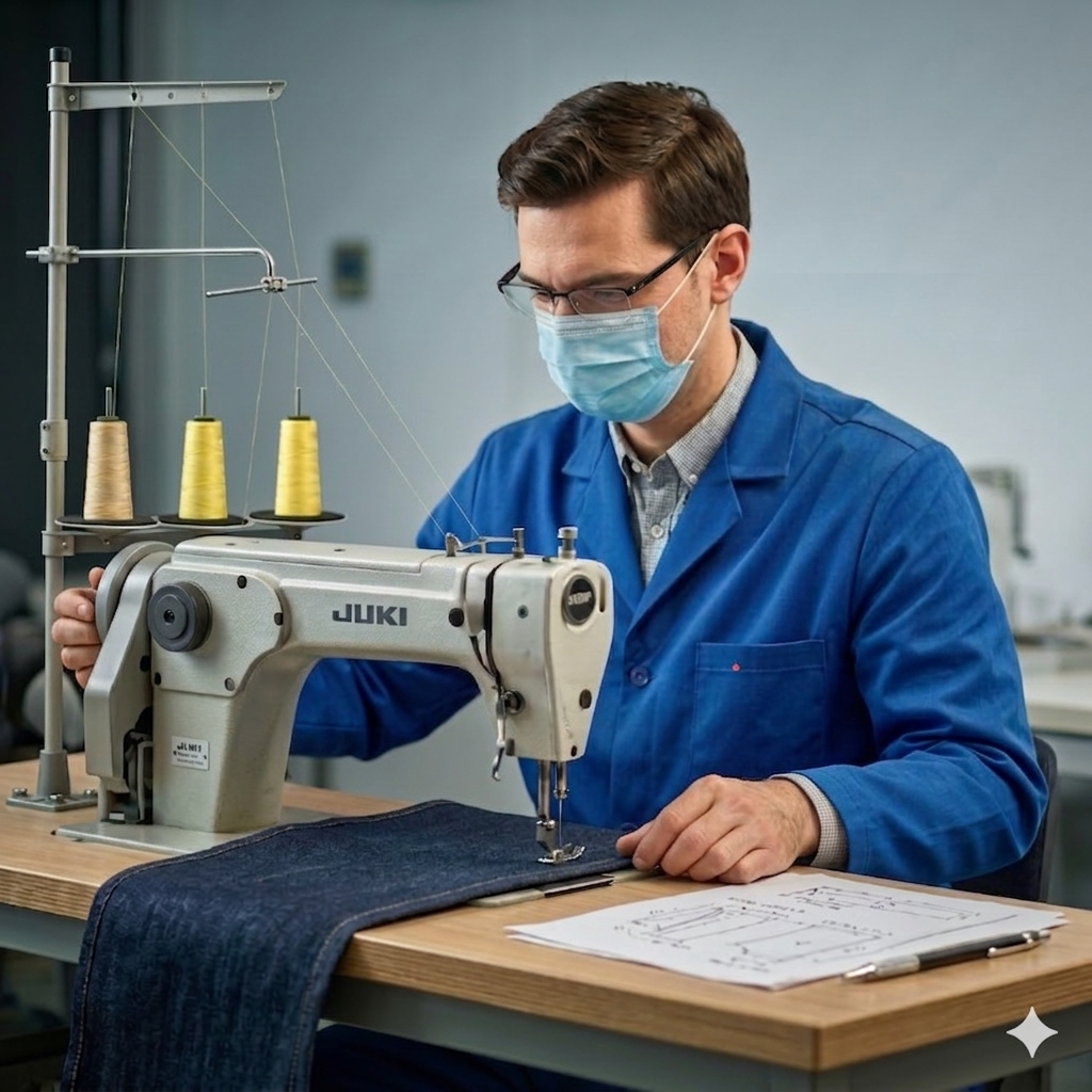 Operario utilizando máquina de coser industrial JUKI en taller de confección textil - Linea Italia